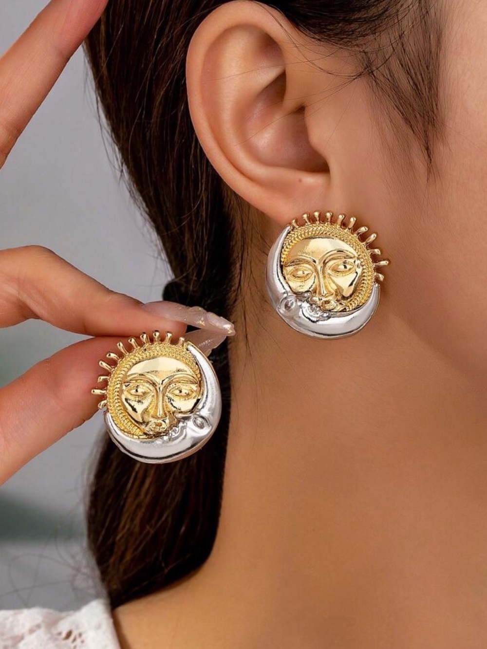 Gold & Silver Sun Face Statement Earrings - Women Jewelry